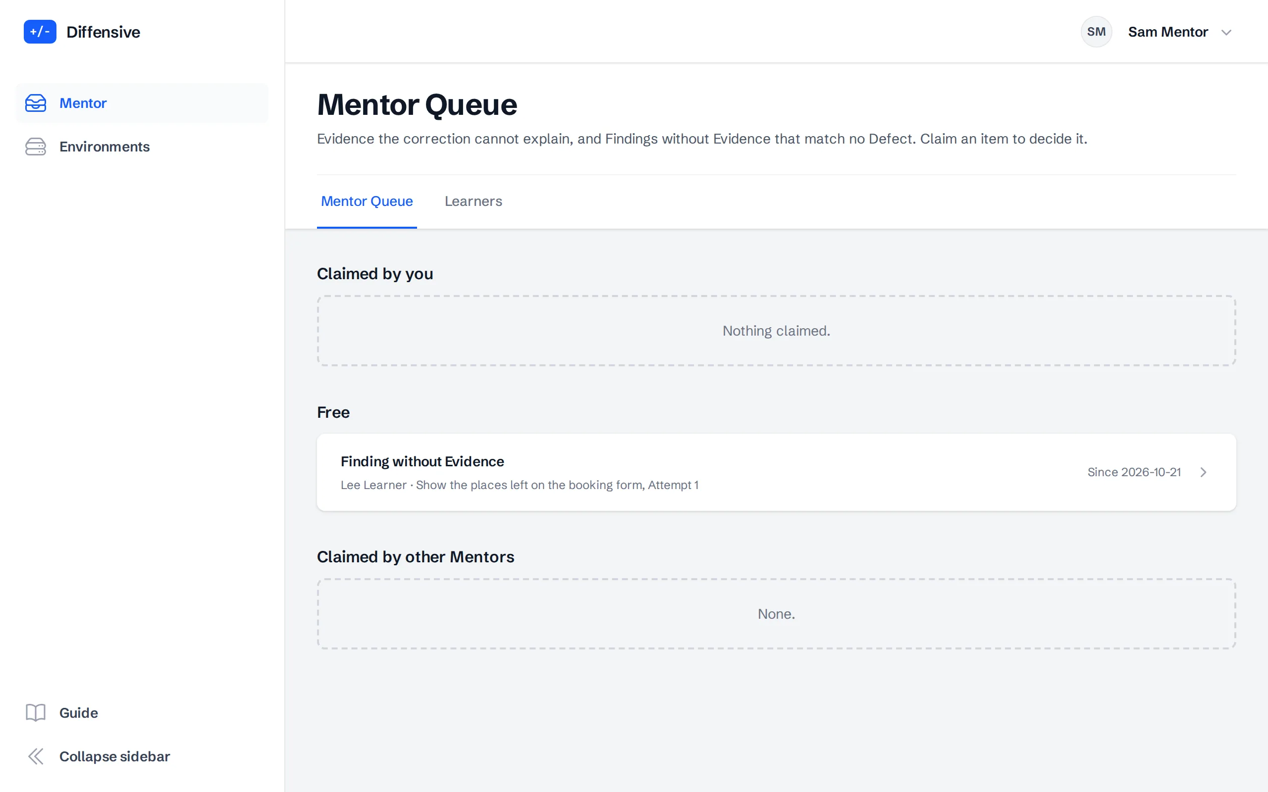 The Mentor Queue with its free and claimed items.